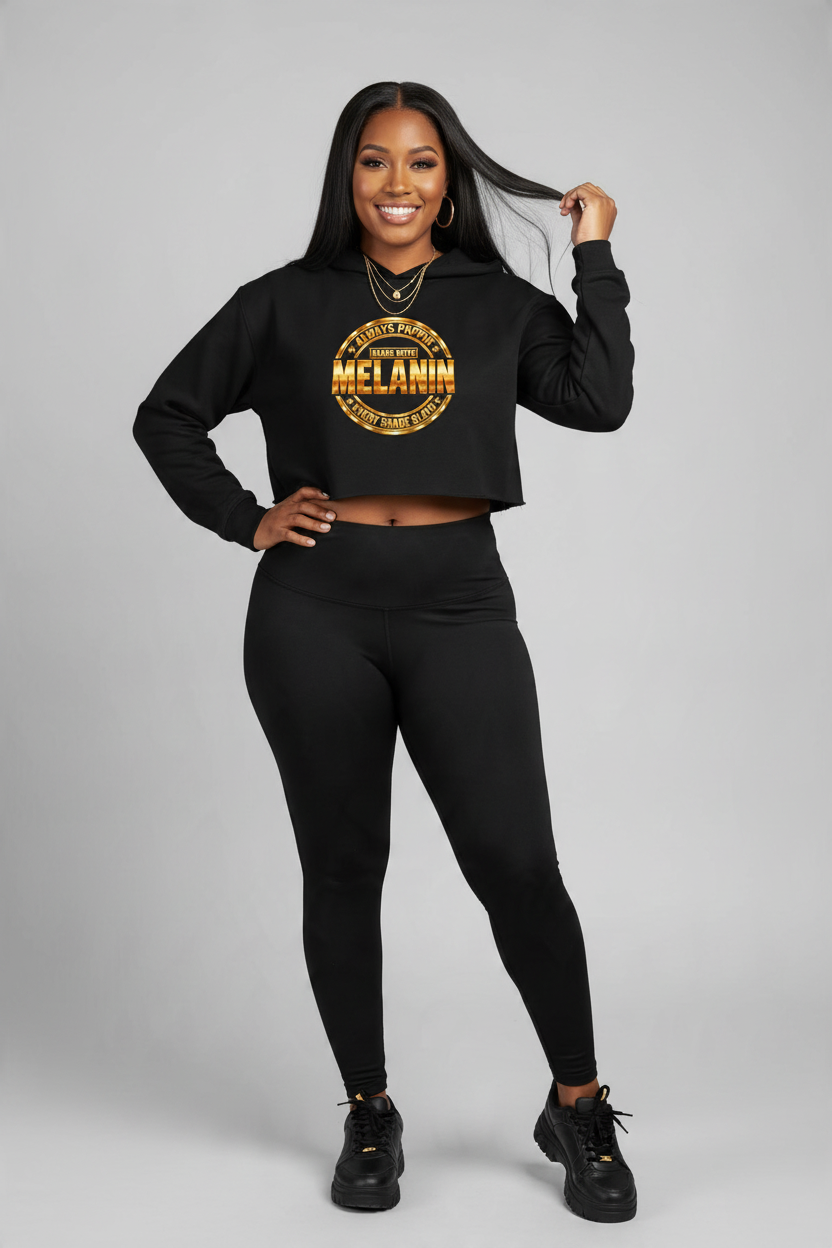 Made with Melanin crop hoodie featuring a statement logo graphic.