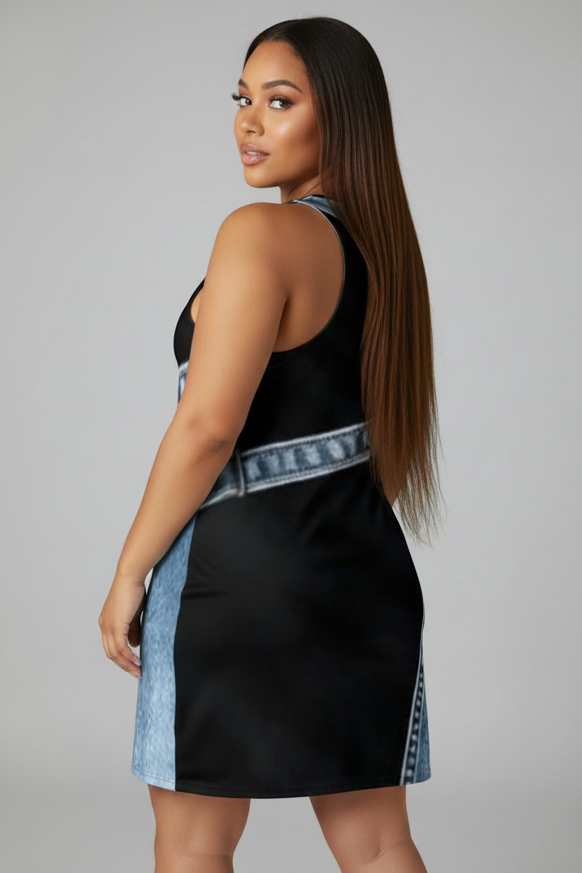 Denim Print Racerback Dress | Casual Chic Blue Jean Graphic