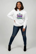 Throw it in the Bag white fleece hoodie with colorful graffiti Somebody's Fine Ass Momma print worn by a woman