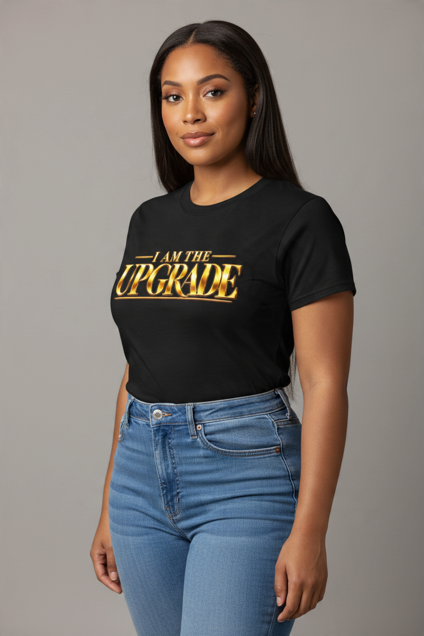 Graphic tee showcasing the bold 'I AM THE UPGRADE' motivational text design.