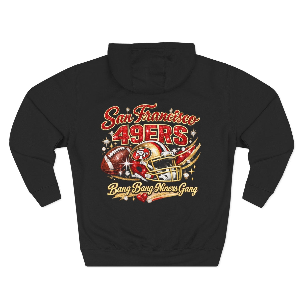 Throw it in the Bag San Francisco 49ers black fleece hoodie featuring a vintage football graphic on the back