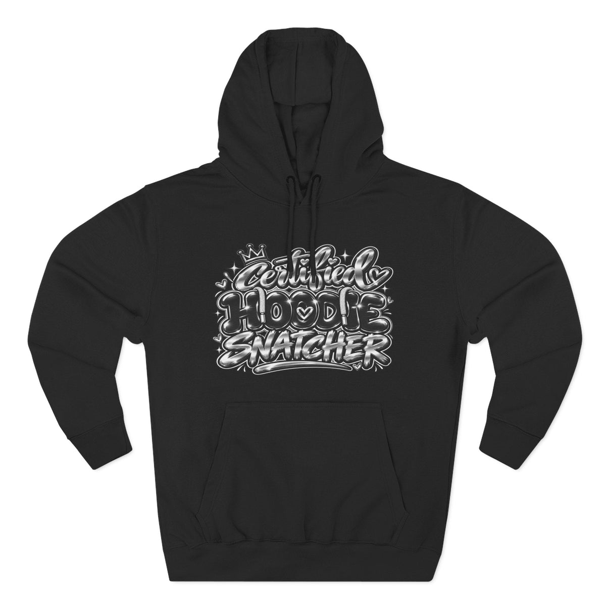 Throw it in the Bag black fleece hoodie featuring a white Certified Hoodie Snatcher graphic print and kangaroo pocket