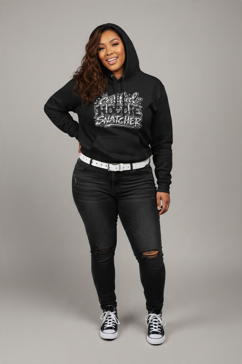 Throw it in the Bag black fleece hoodie with Certified Hoodie Snatcher graphic worn by a smiling woman in jeans