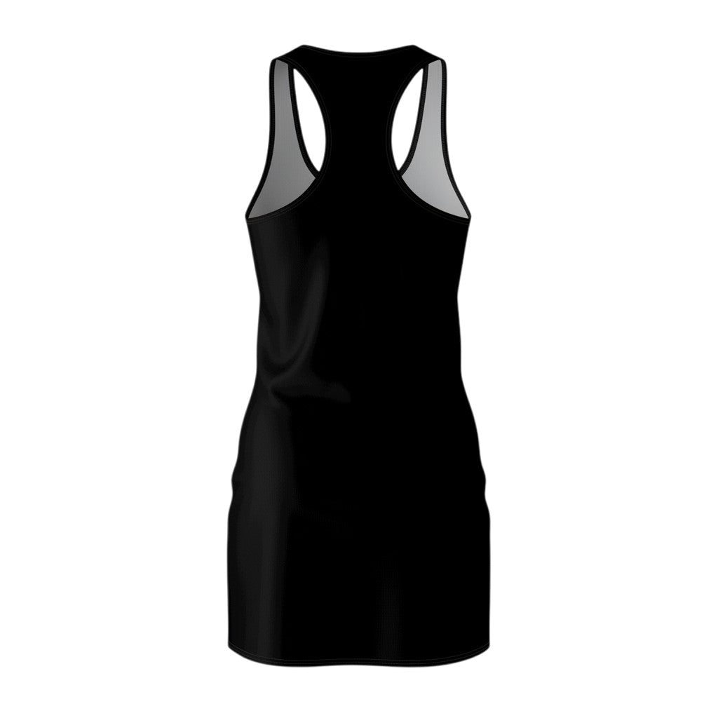 Back view of a black Throw it in the Bag racerback dress made from lightweight, quick-dry polyester fabric.