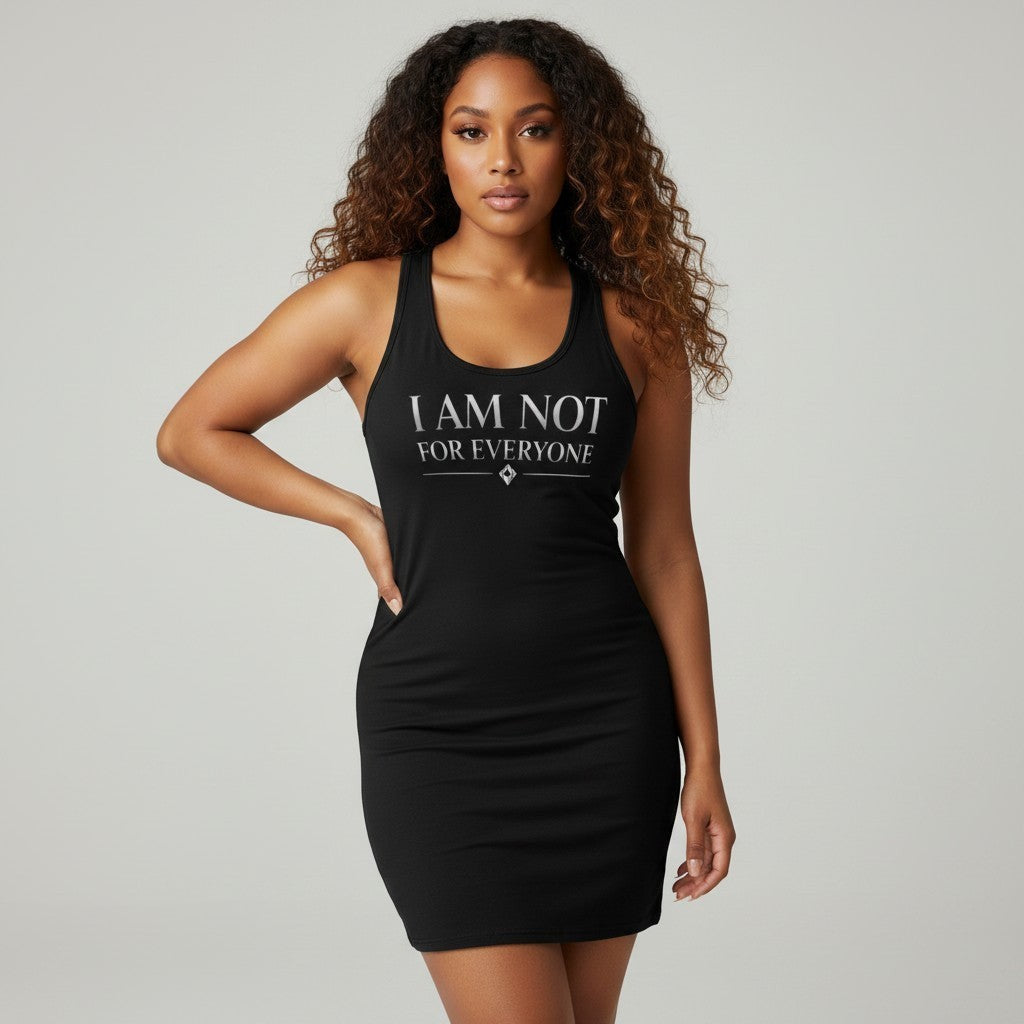 Model wearing a Throw it in the Bag black racerback dress with the white text I AM NOT FOR EVERYONE on the chest.