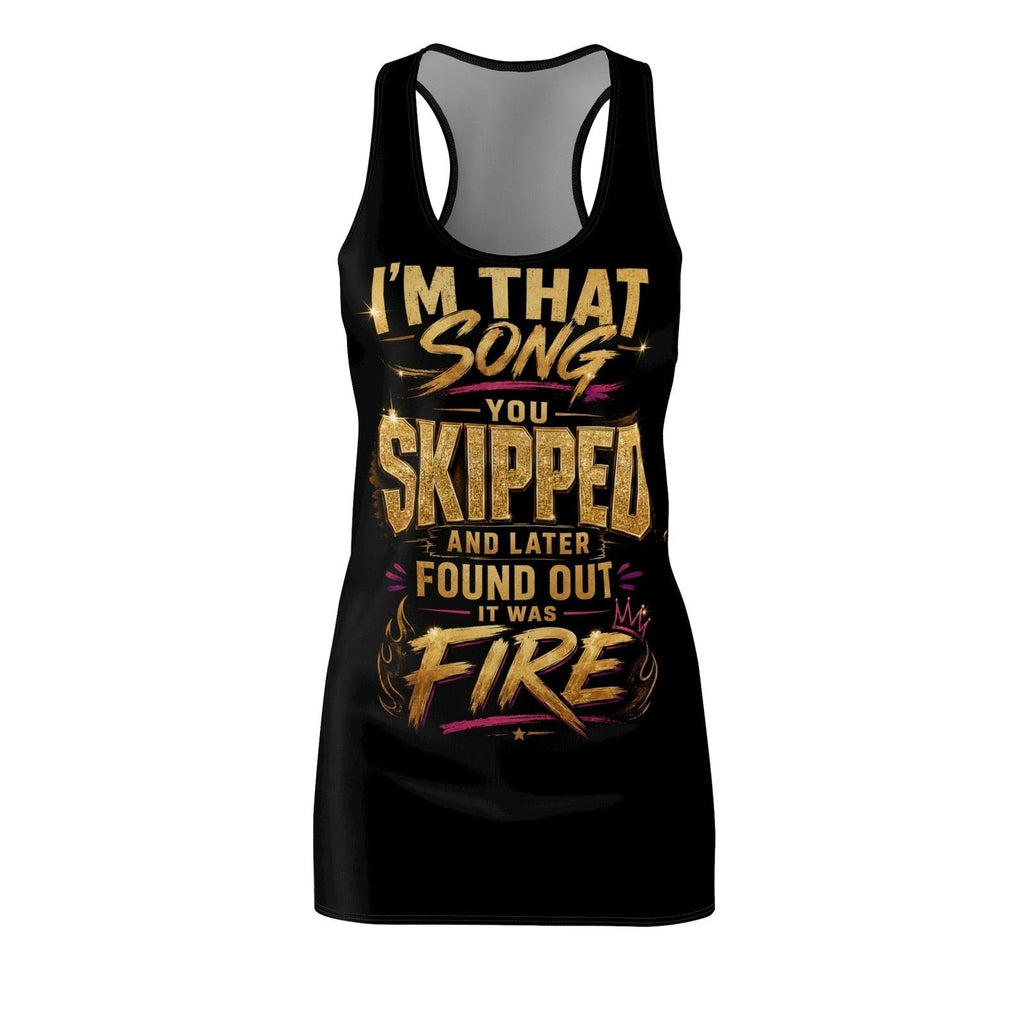 Throw it in the Bag black racerback dress featuring a gold graphic print with song lyrics on the front