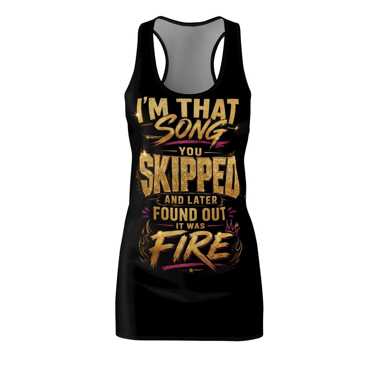 Throw it in the Bag black racerback dress featuring a gold graphic print with song lyrics on the front