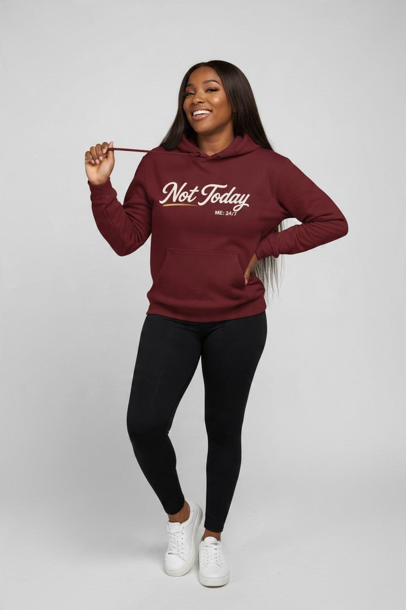 Throw it in the Bag burgundy hoodie with Not Today script text, worn by a smiling woman with black leggings.