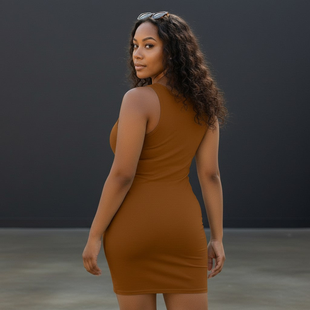 Throw it in the Bag cocoa brown racerback dress worn by a woman looking over her shoulder against a dark background