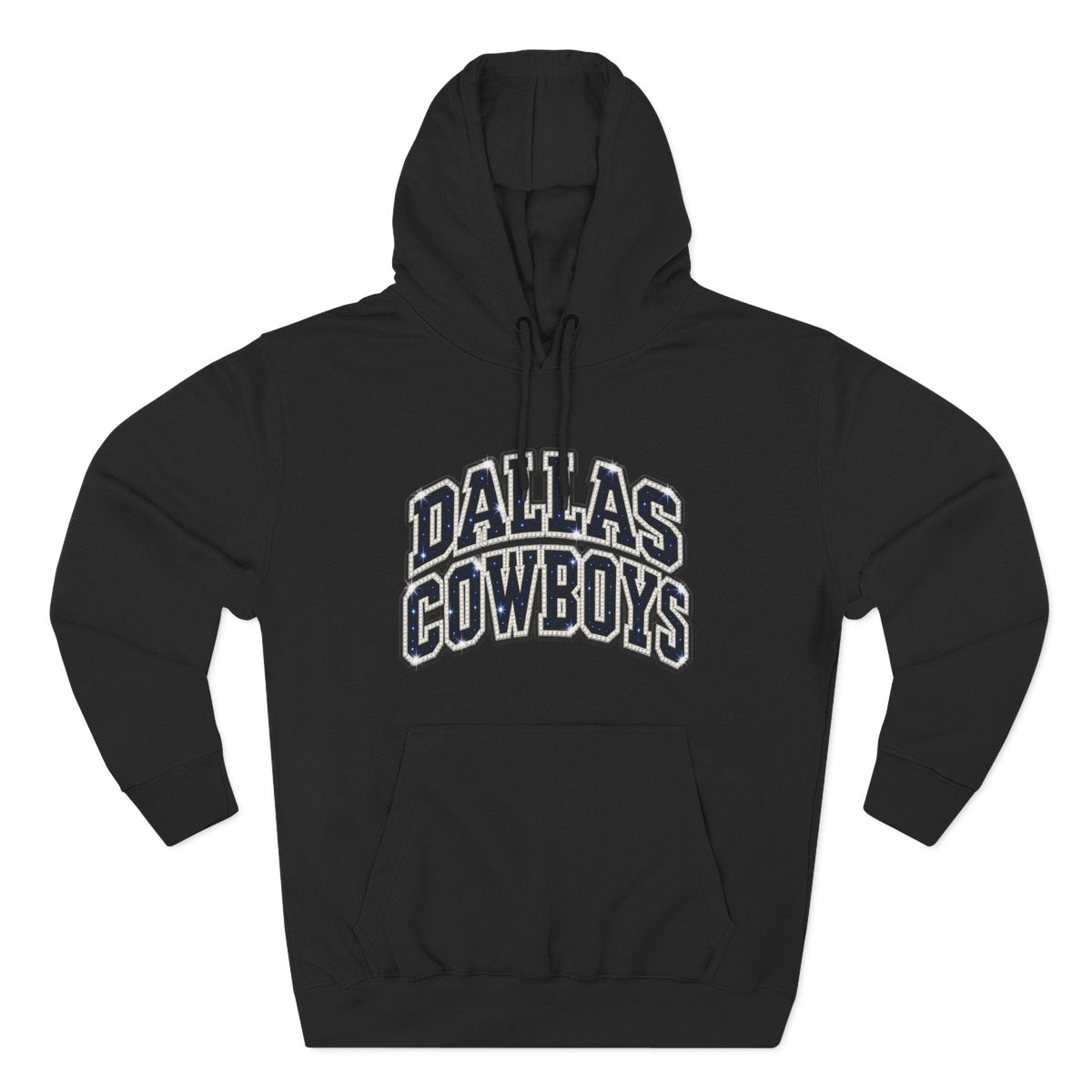 Throw it in the Bag Dallas Cowboys black fleece hoodie with white and blue script lettering and kangaroo pocket.