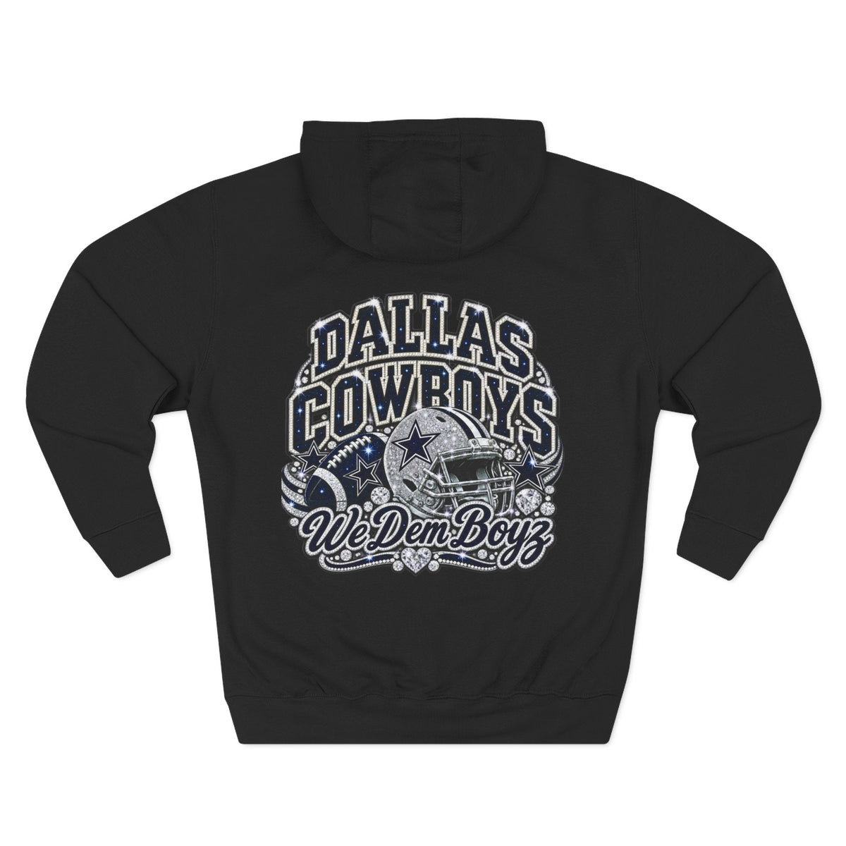 Throw it in the Bag Dallas Cowboys black fleece hoodie featuring a back graphic of a football helmet and team text.