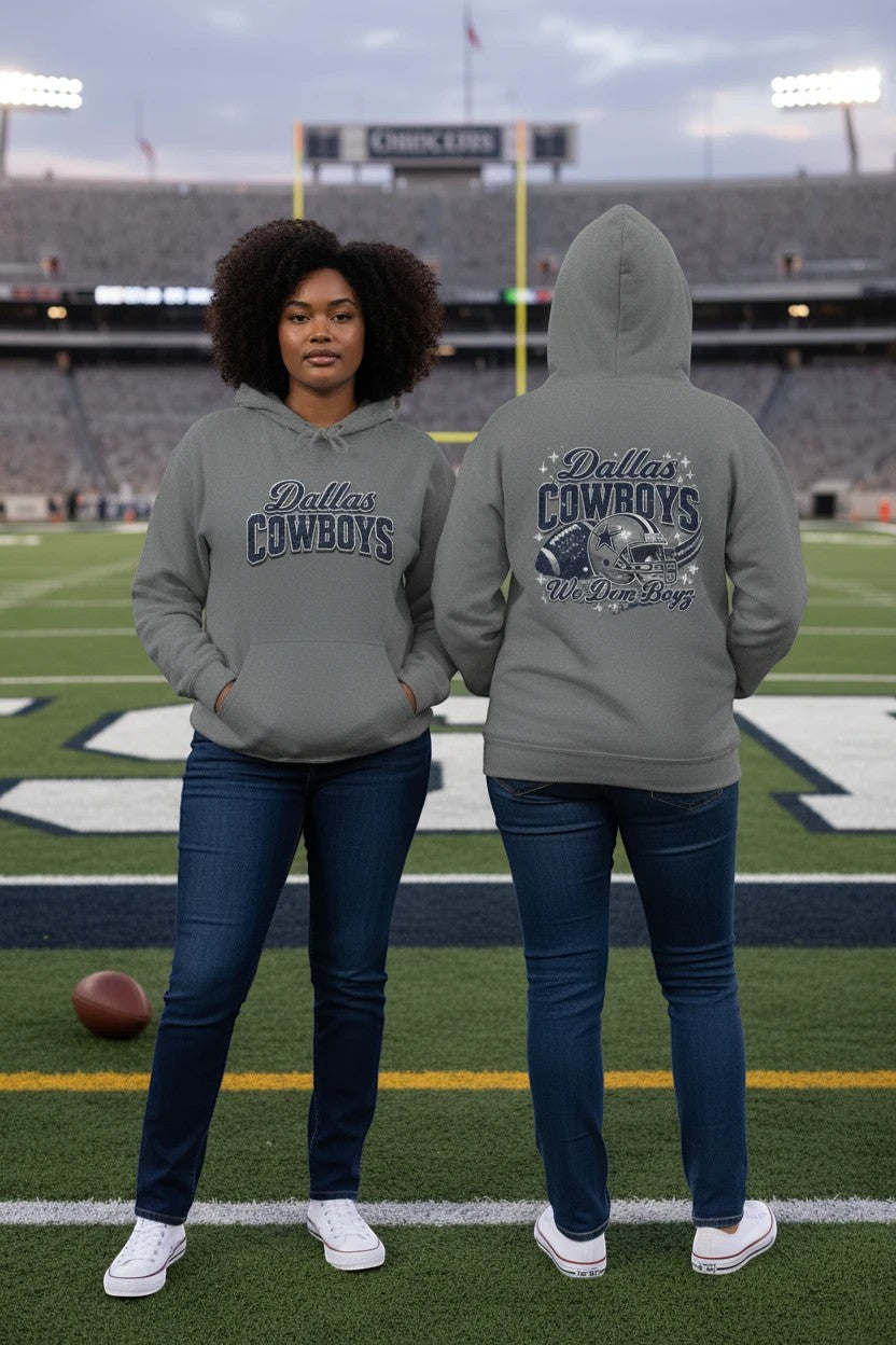 Throw it in the Bag Dallas Cowboys grey fleece pullover hoodie with front and back team graphics on a football field