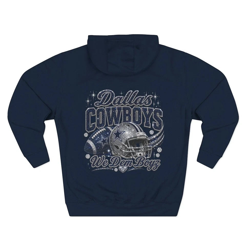 Throw it in the Bag Dallas Cowboys navy blue pullover hoodie with glittery football helmet and team script graphics