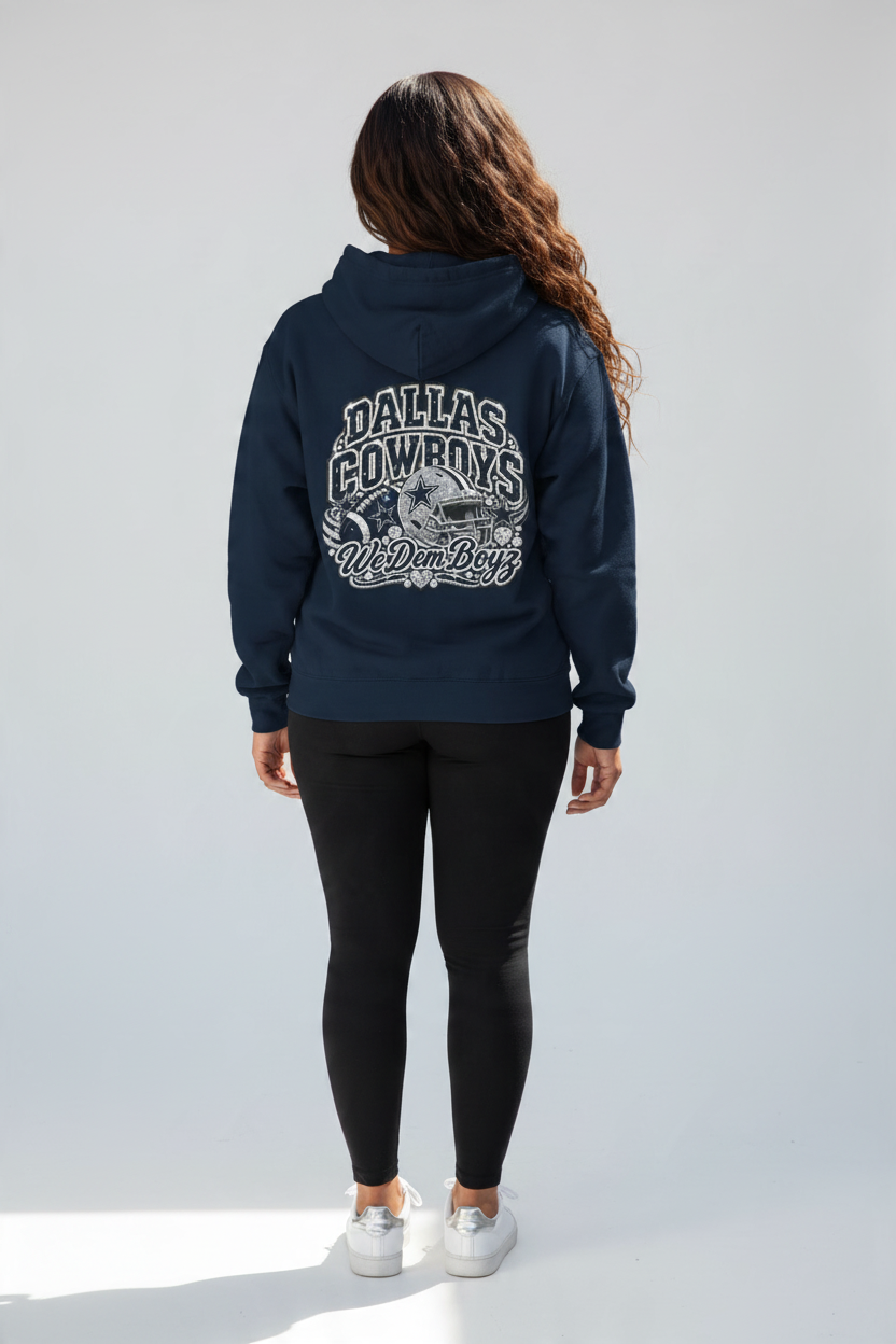 Throw it in the Bag navy Dallas Cowboys fleece hoodie with vintage-style back graphic worn by a woman