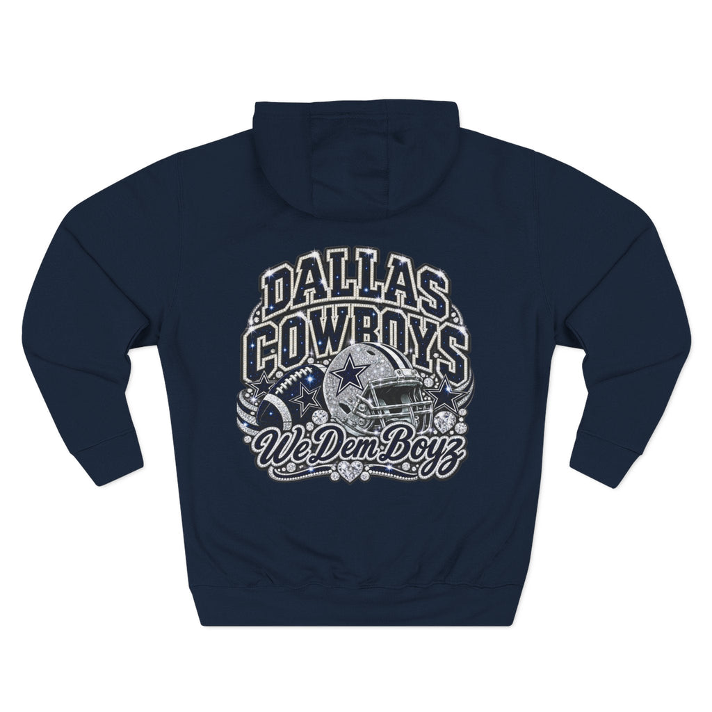 Throw it in the Bag navy blue Dallas Cowboys hoodie with back graphic featuring team helmet and script lettering