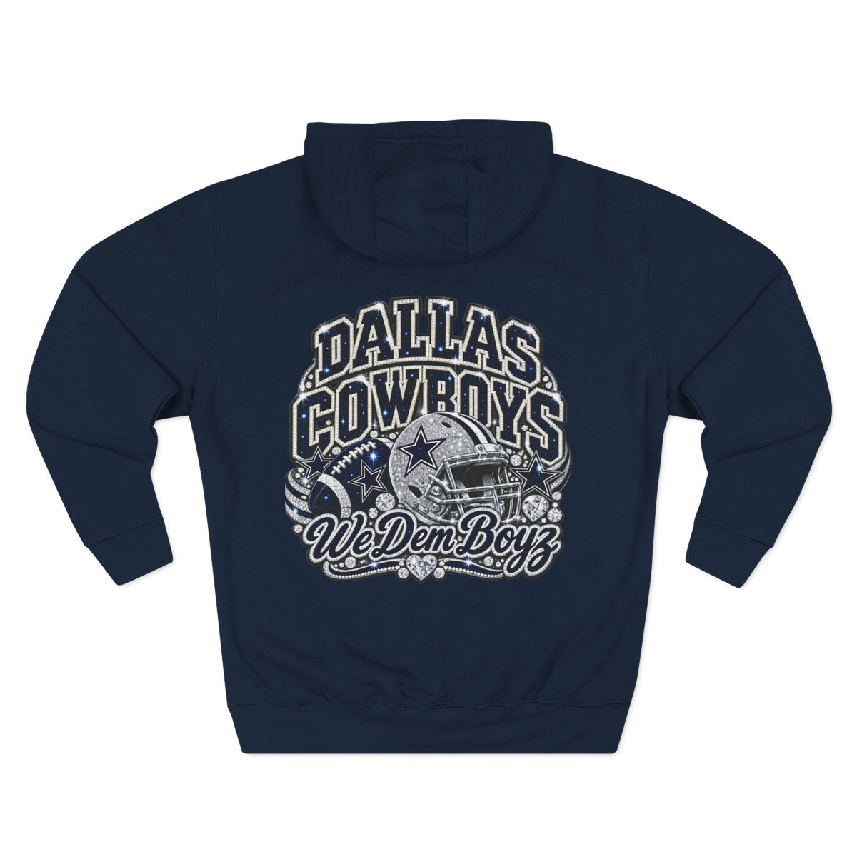 Throw it in the Bag navy blue Dallas Cowboys hoodie with back graphic featuring team helmet and script lettering