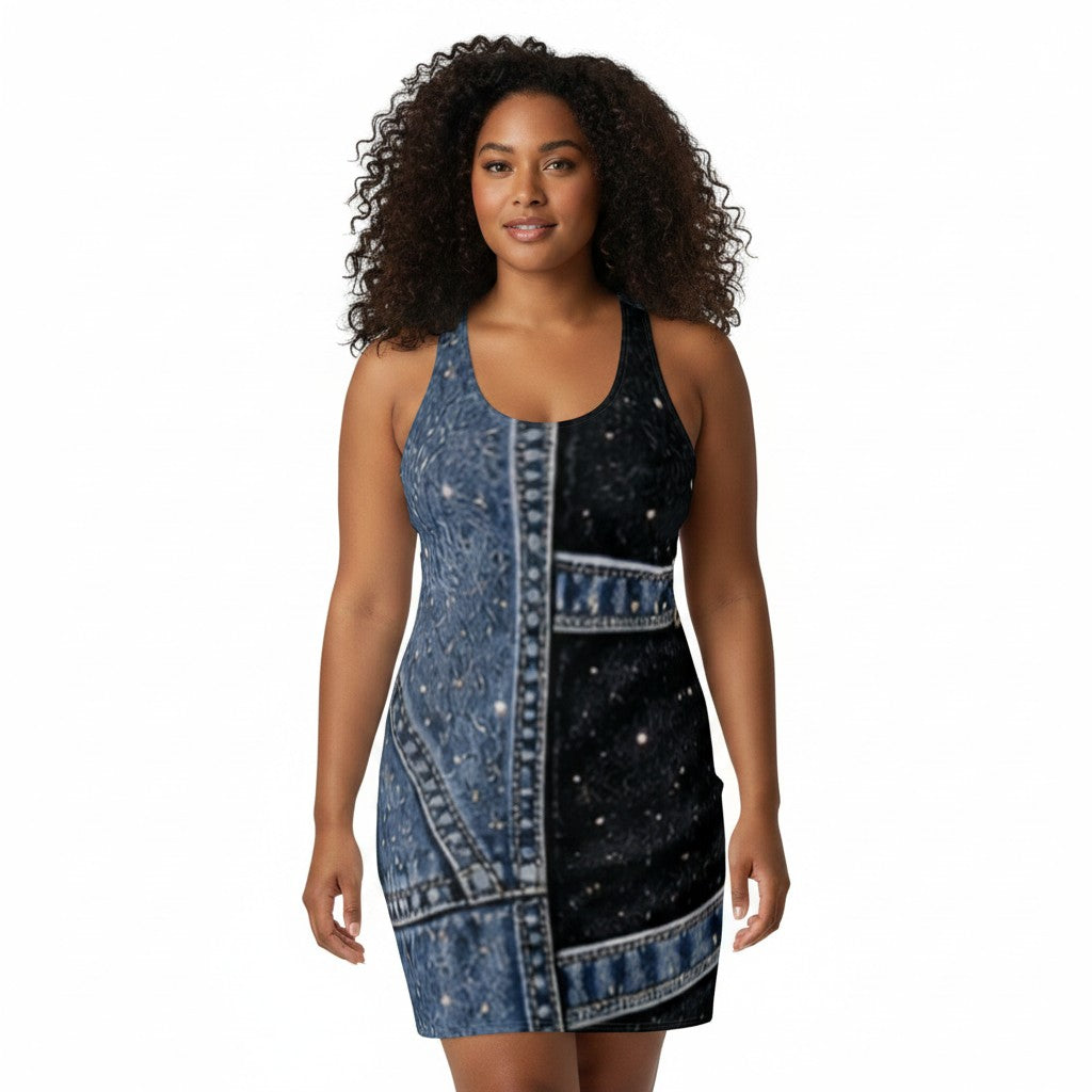 Model wearing a Throw it in the Bag denim patchwork print racerback dress with faded blue and black jean textures.