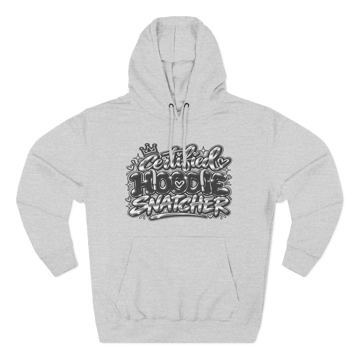 Throw it in the Bag light grey fleece hoodie with Certified Hoodie Snatcher graphic print and kangaroo pocket