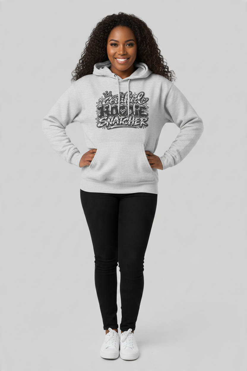 Throw it in the Bag grey fleece hoodie with Certified Hoodie Snatcher graphic worn by a smiling woman in black jeans