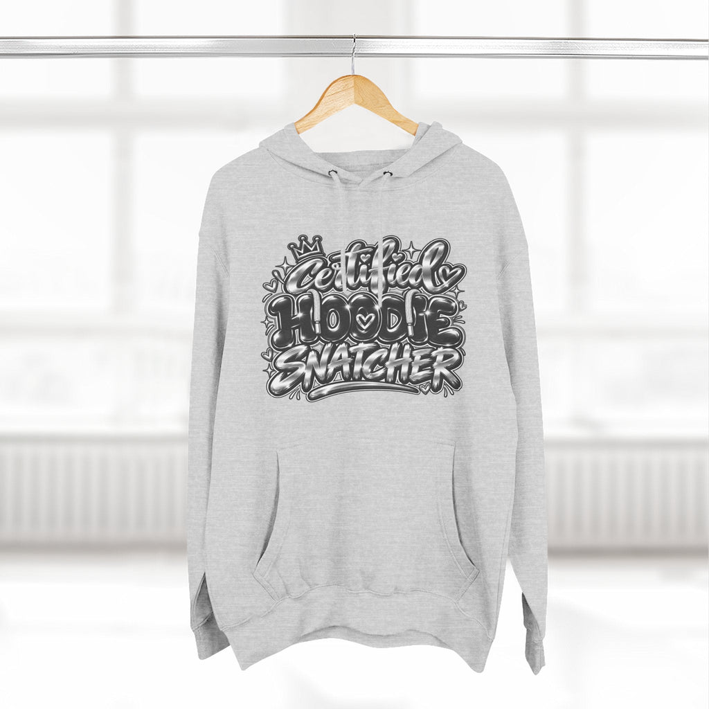 Throw it in the Bag grey fleece hoodie with Certified Hoodie Snatcher graffiti graphic print on a wooden hanger