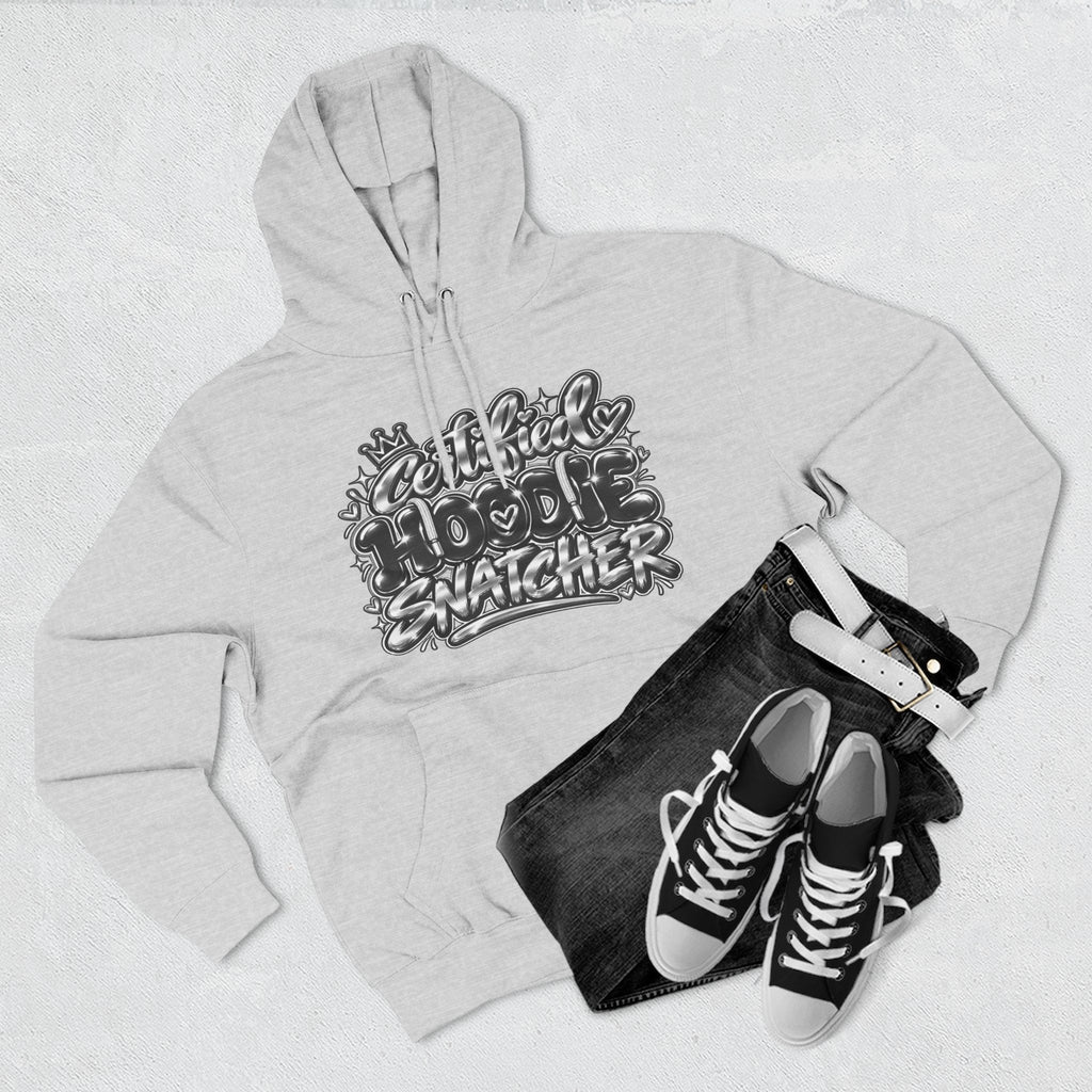 Throw it in the Bag grey fleece hoodie with Certified Hoodie Snatcher graphic, styled with black jeans and sneakers.