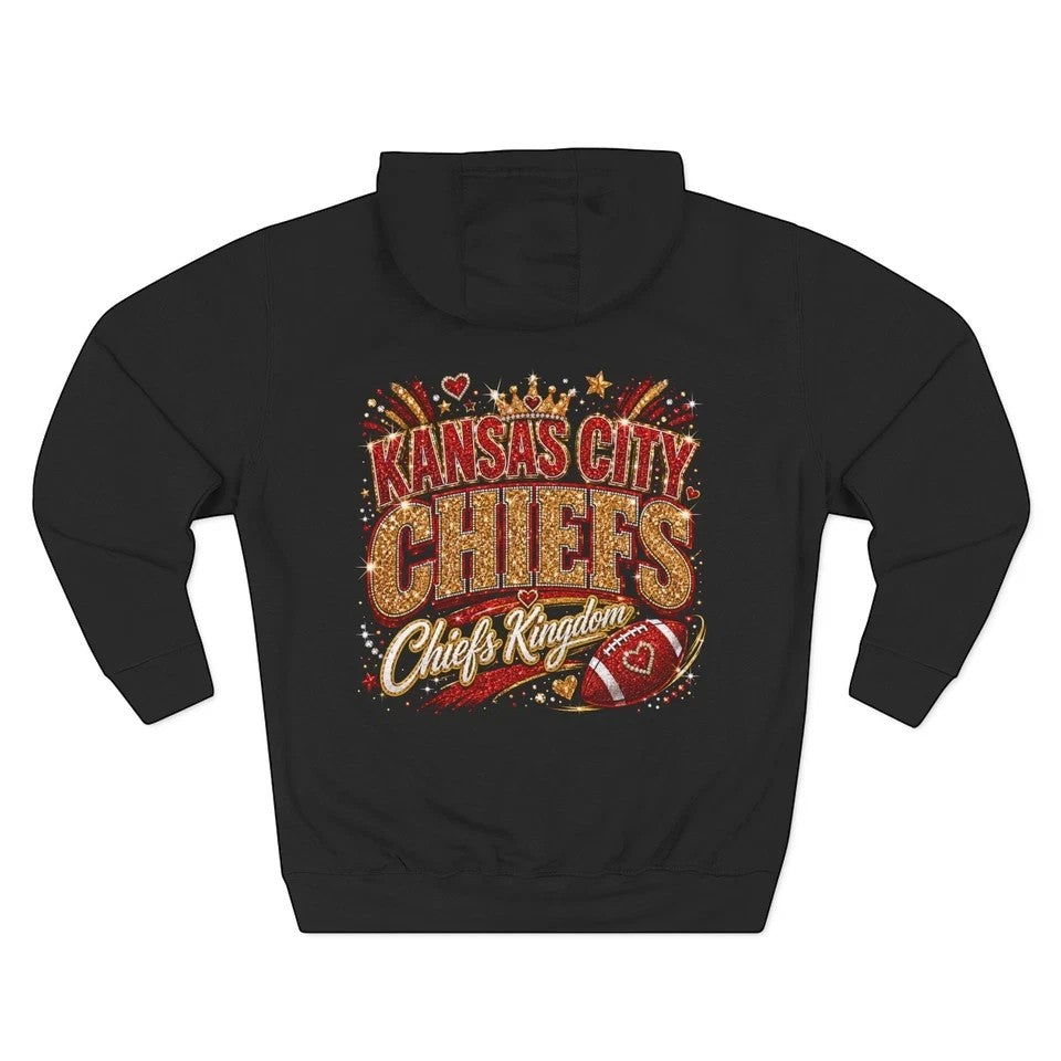 Throw it in the Bag black fleece hoodie with Kansas City Chiefs glitter graphic, stars, and football motif on back