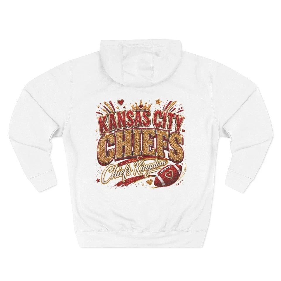 Throw it in the Bag white fleece hoodie featuring a vintage-style Kansas City Chiefs glitter graphic on the back.