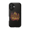 Throw it in the Bag black magnetic phone case featuring My Melanin Poppin text, a crown, and vibrant artistic details.