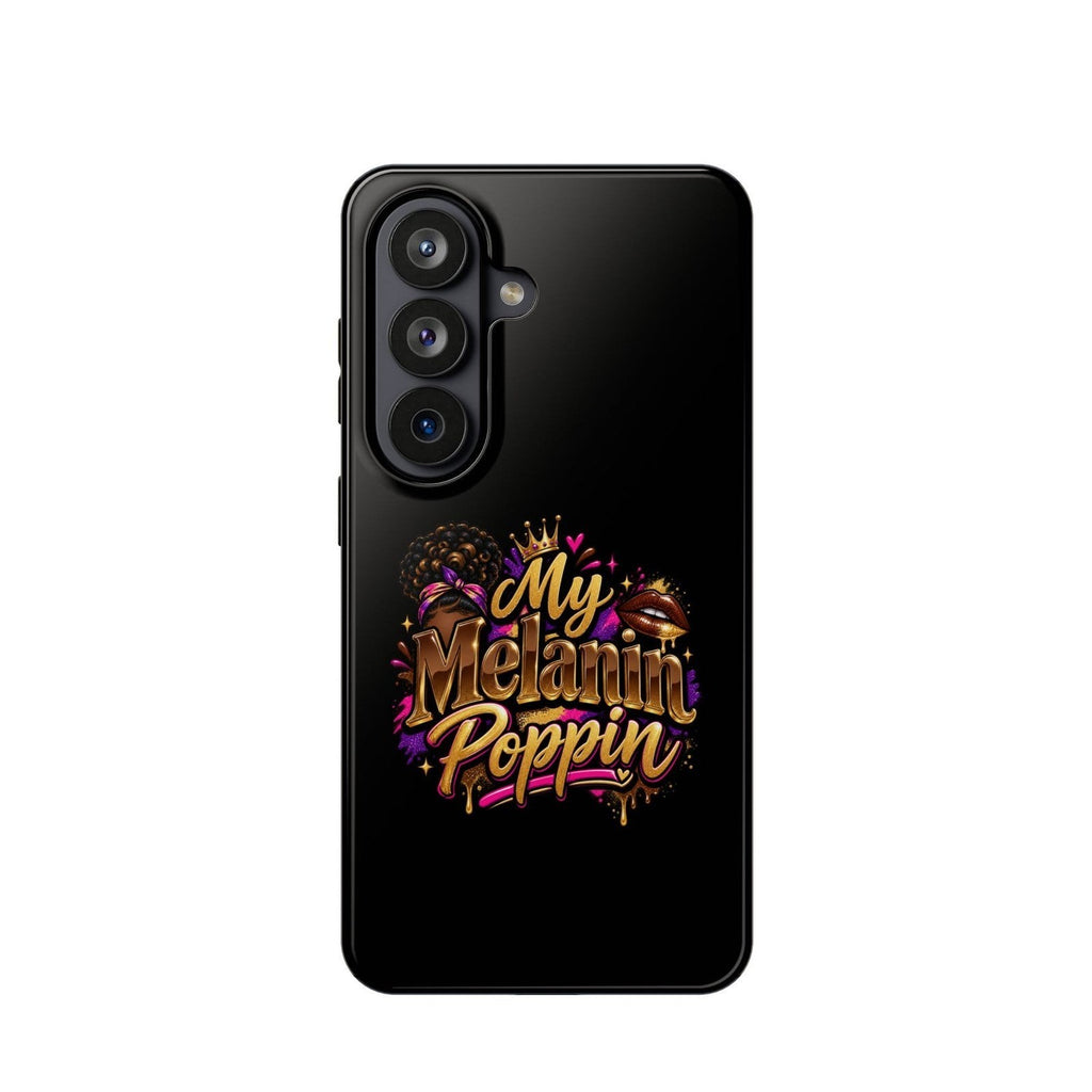 Throw it in the Bag My Melanin Poppin glossy black phone case with vibrant gold and pink crown and lips graphic