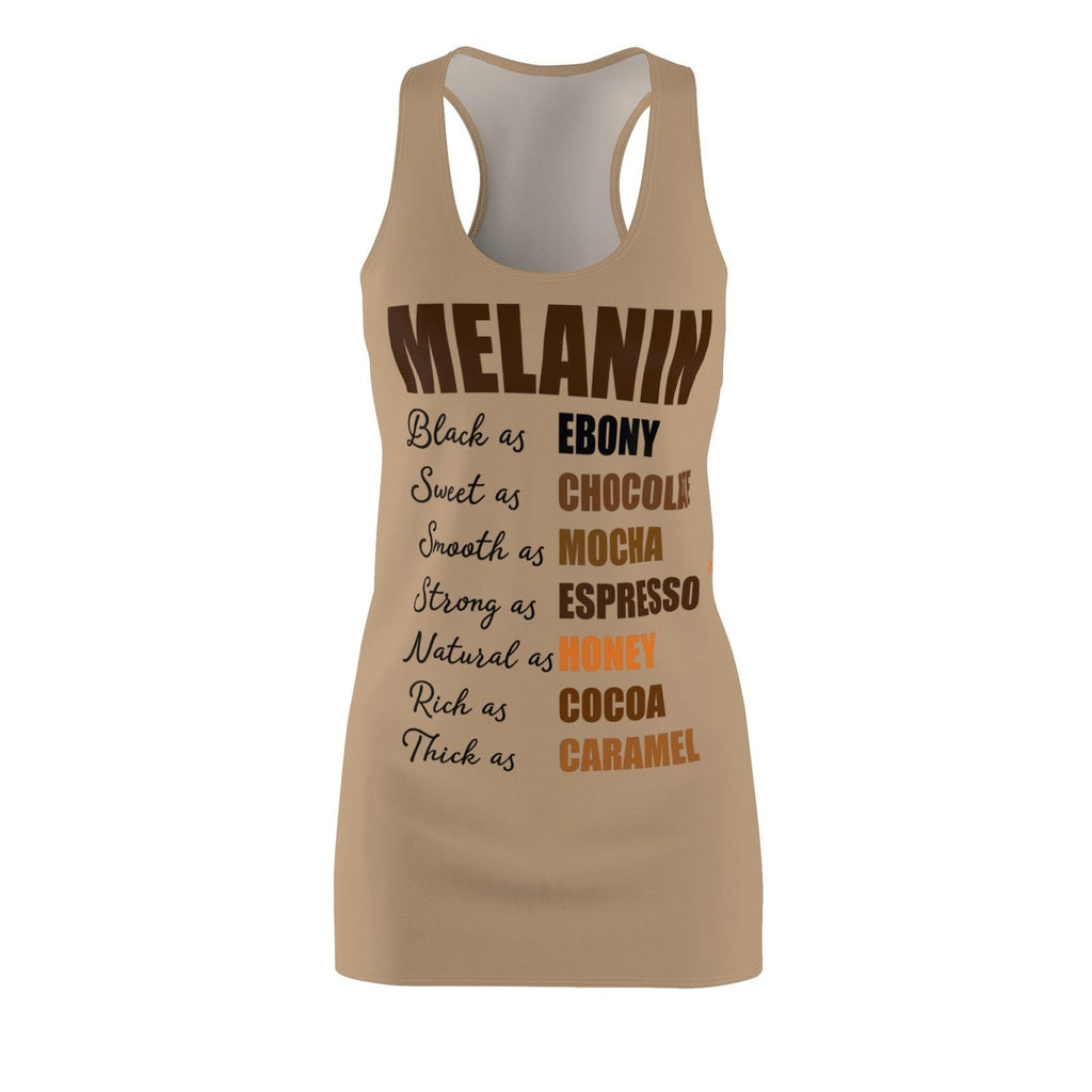 Throw it in the Bag tan racerback dress featuring brown typography listing melanin-inspired affirmations.