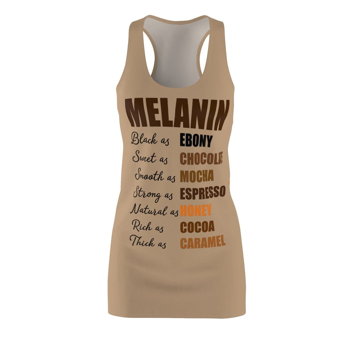 Throw it in the Bag tan racerback dress featuring brown typography listing melanin-inspired affirmations.