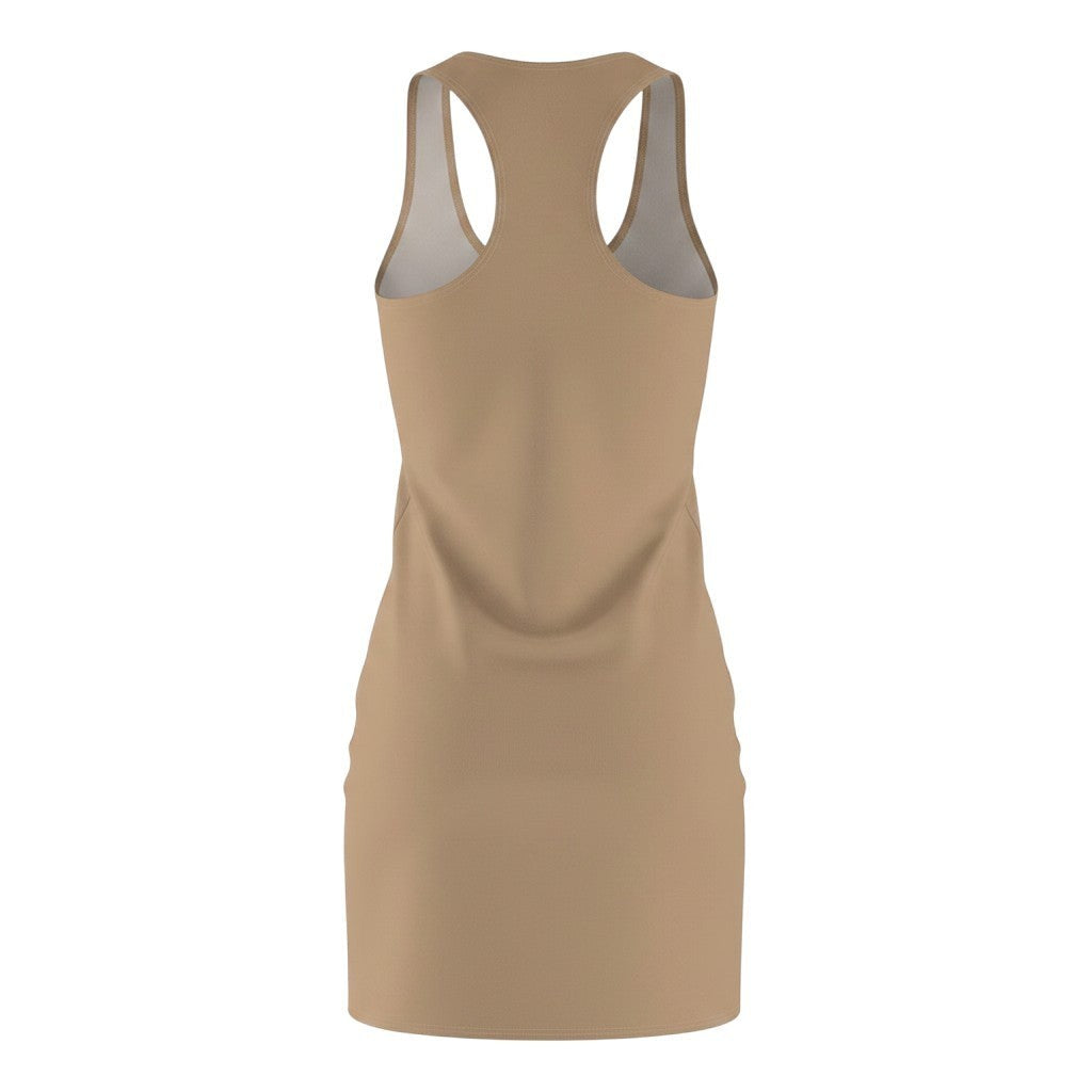 Back view of a Throw it in the Bag mocha brown racerback dress made of lightweight polyester fabric.