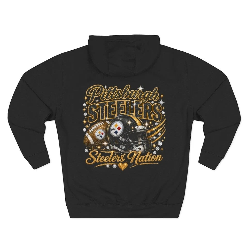 Throw it in the Bag Pittsburgh Steelers black fleece pullover hoodie with glittery football and helmet graphic