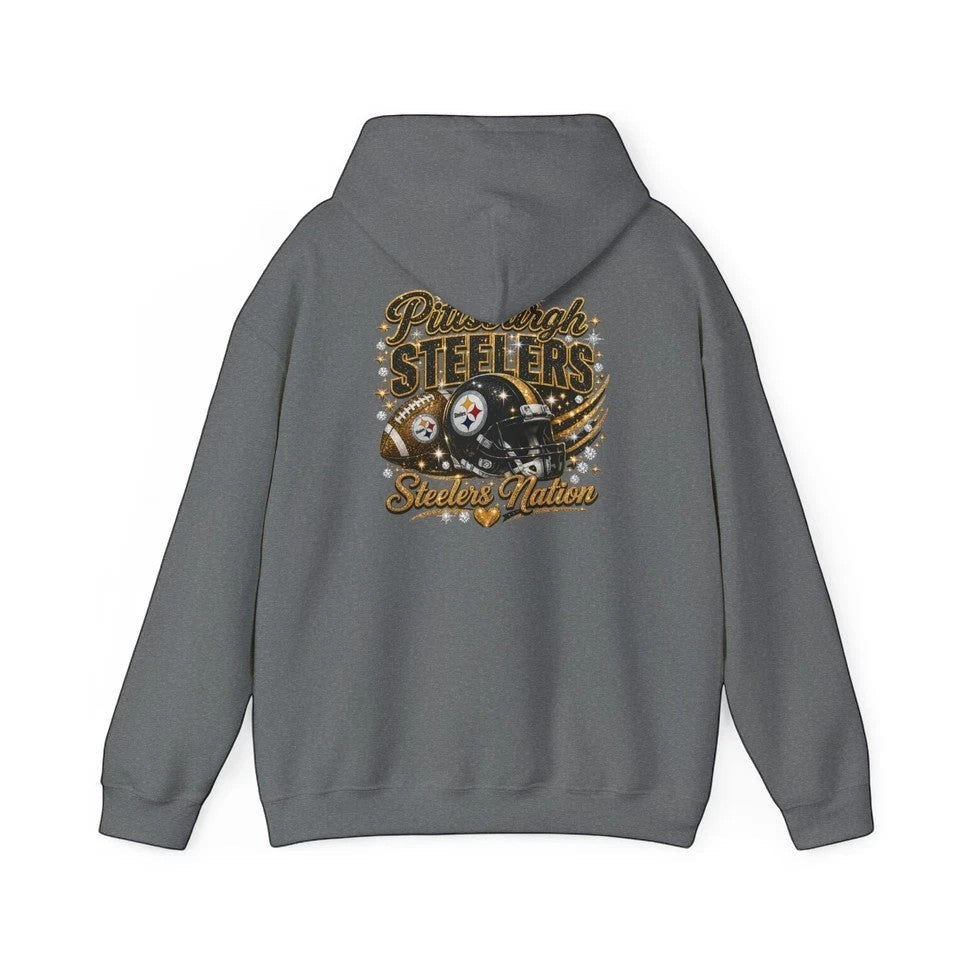 Throw it in the Bag Pittsburgh Steelers grey hoodie with back graphic of a football helmet and team text