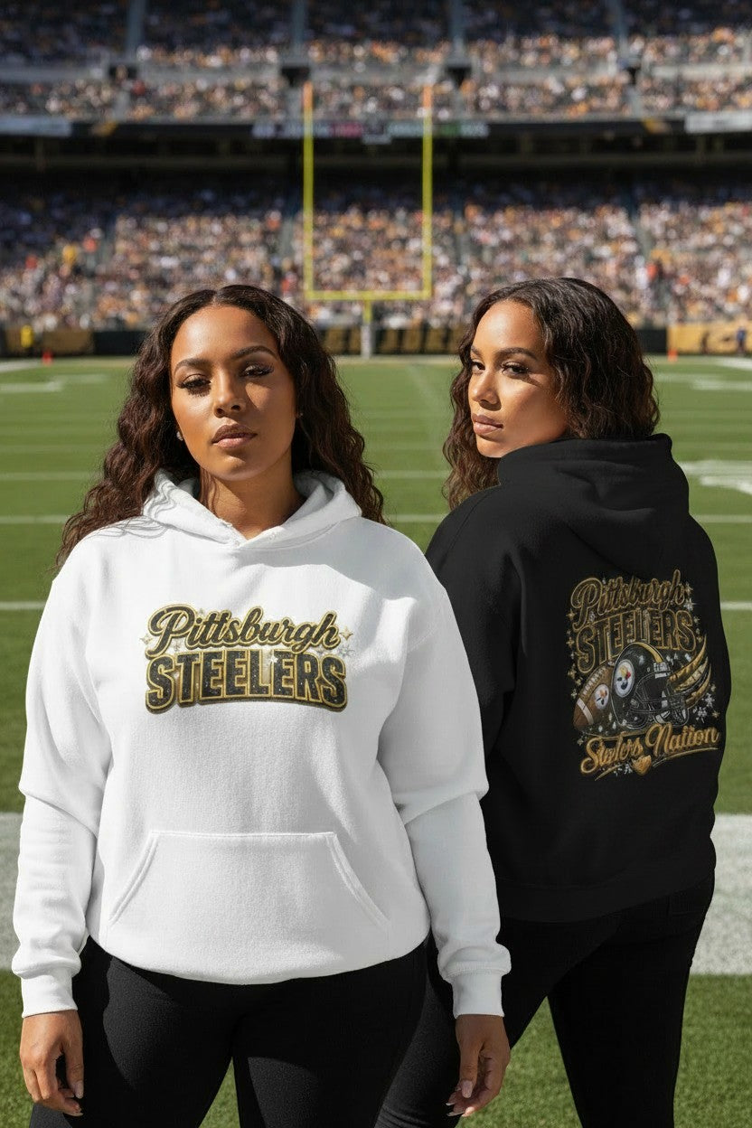 Throw it in the Bag Pittsburgh Steelers hoodies in white and black on models at a football stadium