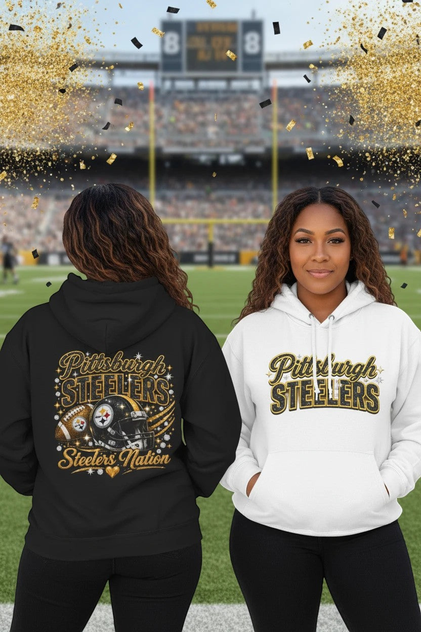 Throw it in the Bag Pittsburgh Steelers fleece hoodies in black and white with glittery team logo graphics
