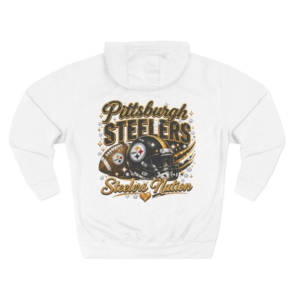 Throw it in the Bag Pittsburgh Steelers white fleece pullover hoodie with back graphic of helmet and football