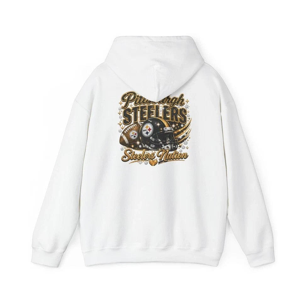 Throw it in the Bag Pittsburgh Steelers white hoodie with back graphic of a football helmet and team lettering