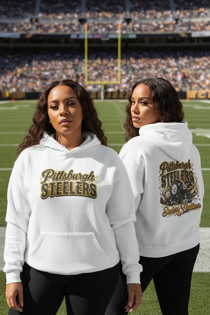 Throw it in the Bag Pittsburgh Steelers white hoodie with front and back team graphics worn by a woman on a field