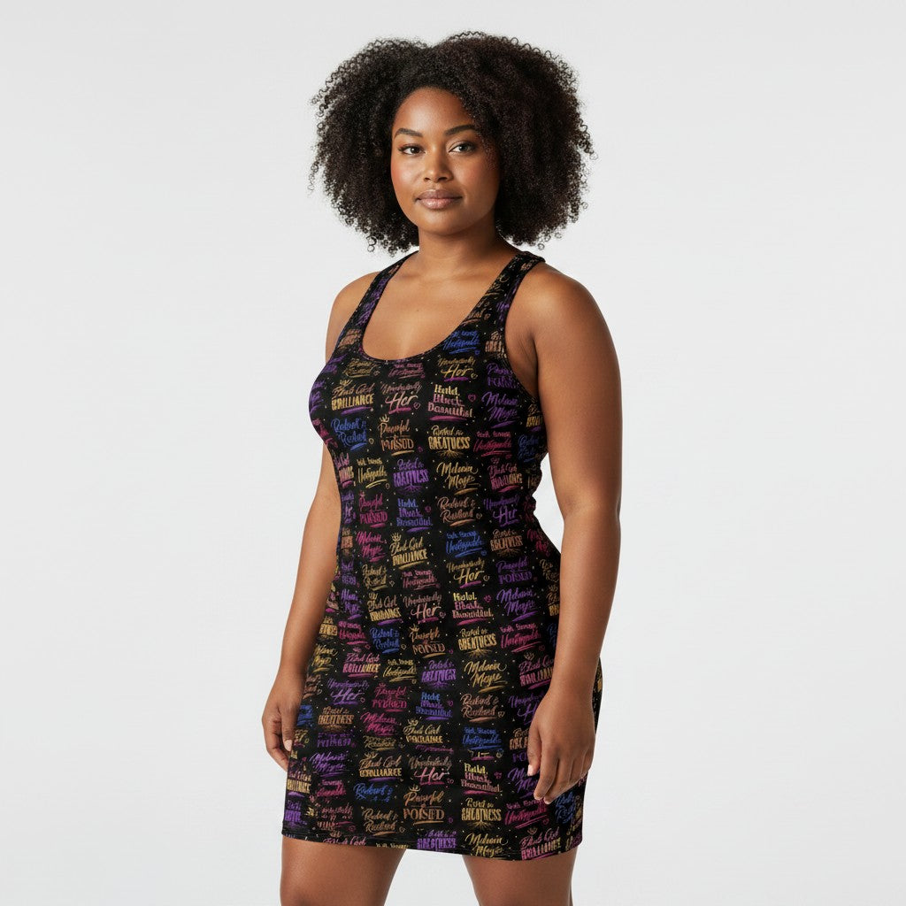 Throw it in the Bag racerback dress featuring a black background with colorful metallic empowerment typography.