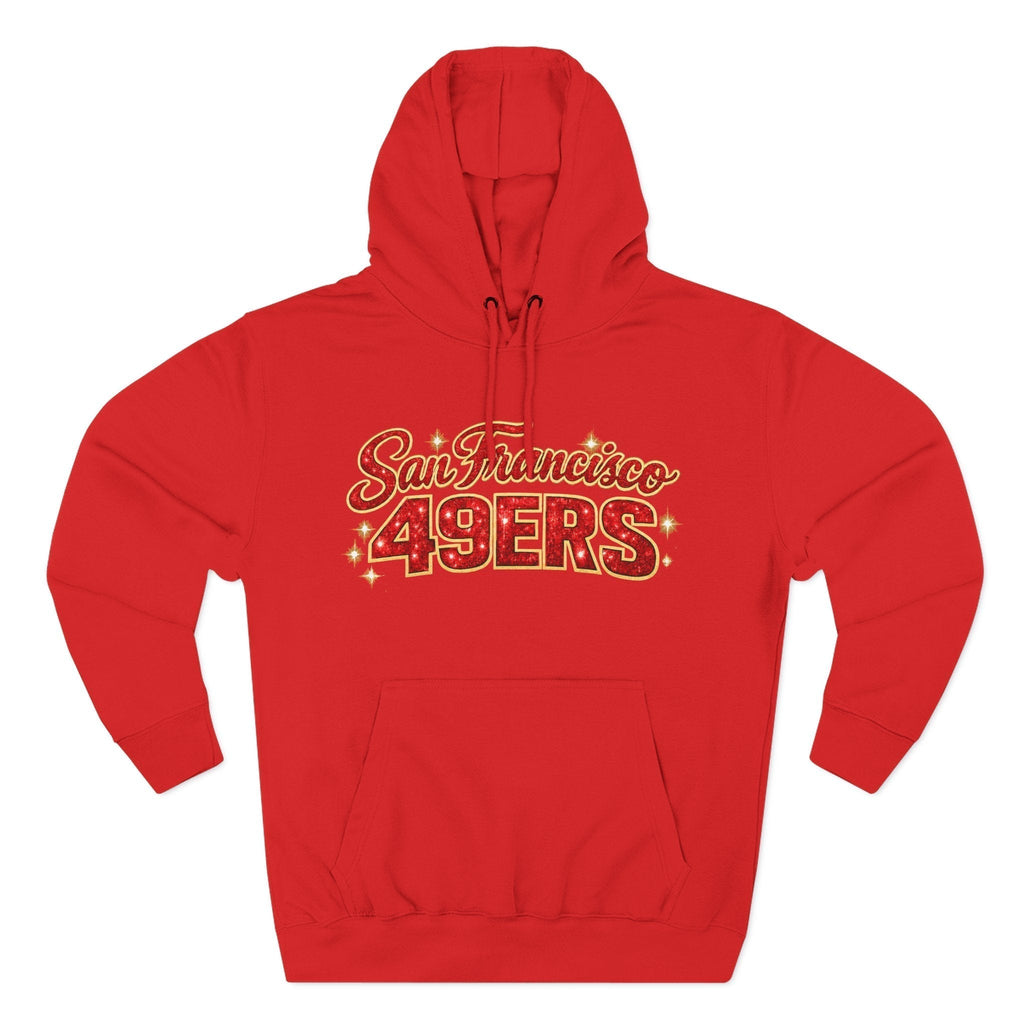Throw it in the Bag red San Francisco 49ers fleece hoodie with gold glitter script logo and star accents