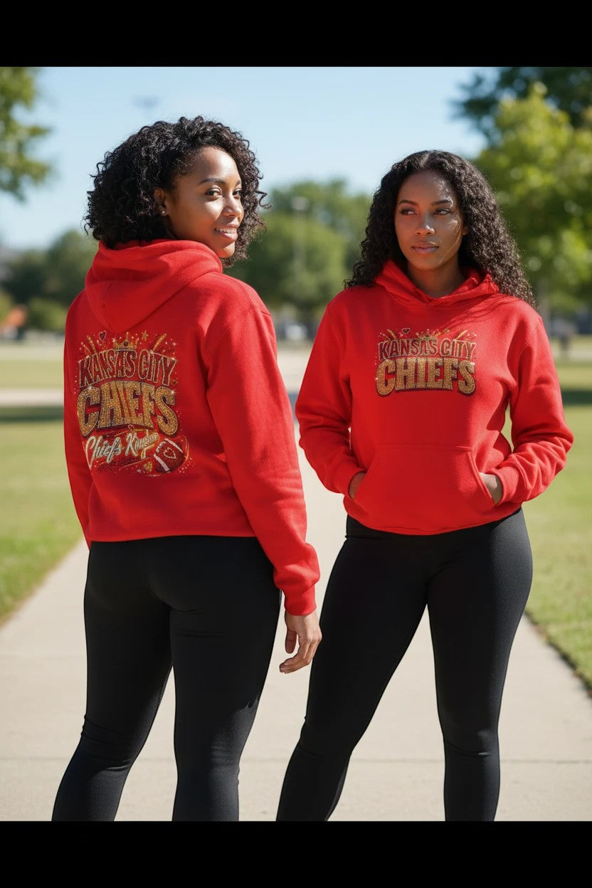 Throw it in the Bag red Kansas City Chiefs fleece hoodie with glitter graphic, worn by a woman in a park.