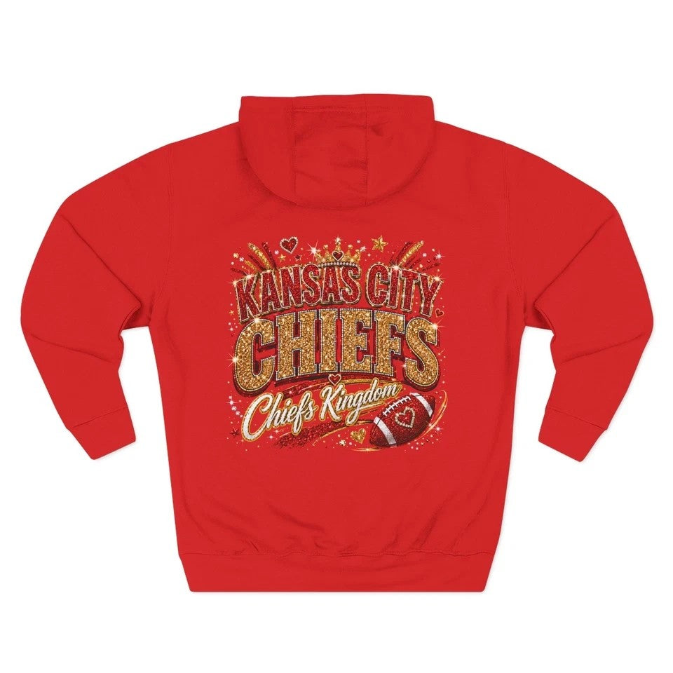 Throw it in the Bag red fleece hoodie featuring a vintage-inspired Kansas City Chiefs glitter graphic on the back.
