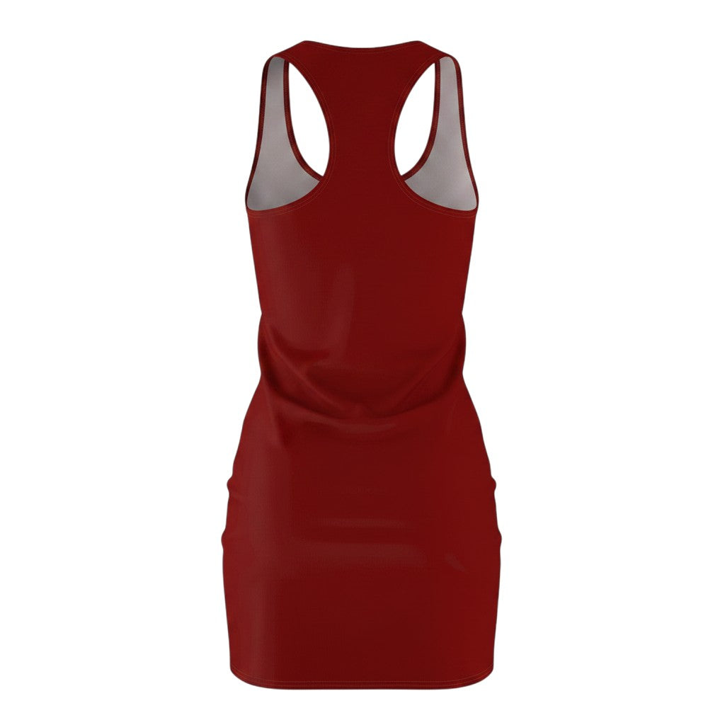 Back view of a Throw it in the Bag red racerback dress with a fitted silhouette.
