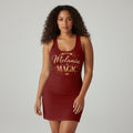 Throw it in the Bag racerback dress in deep red with gold glitter Melanin Is Magic script worn by a woman.