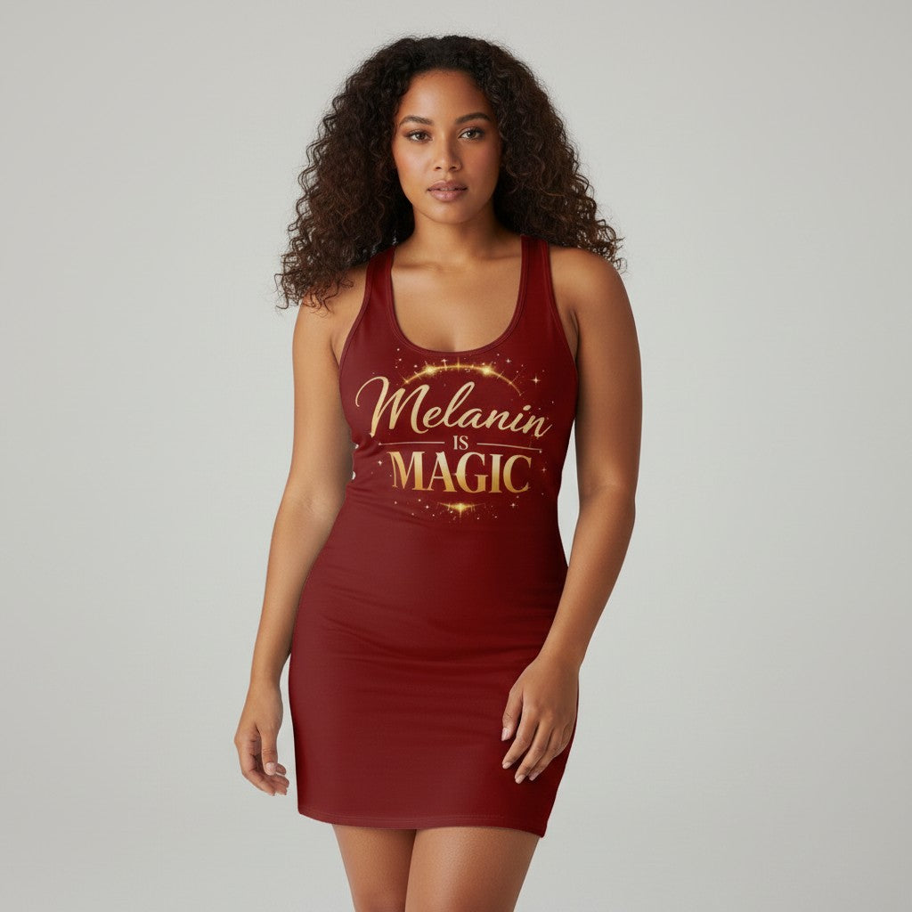 Throw it in the Bag red racerback dress featuring Melanin Is Magic text in gold glitter script on a model