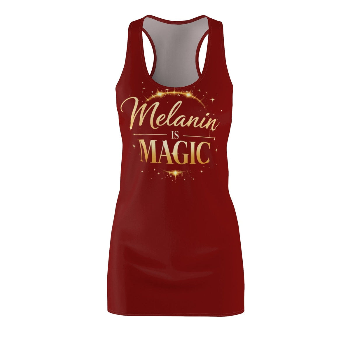 Throw it in the Bag Melanin Is Magic racerback dress in deep red with gold glitter script graphic