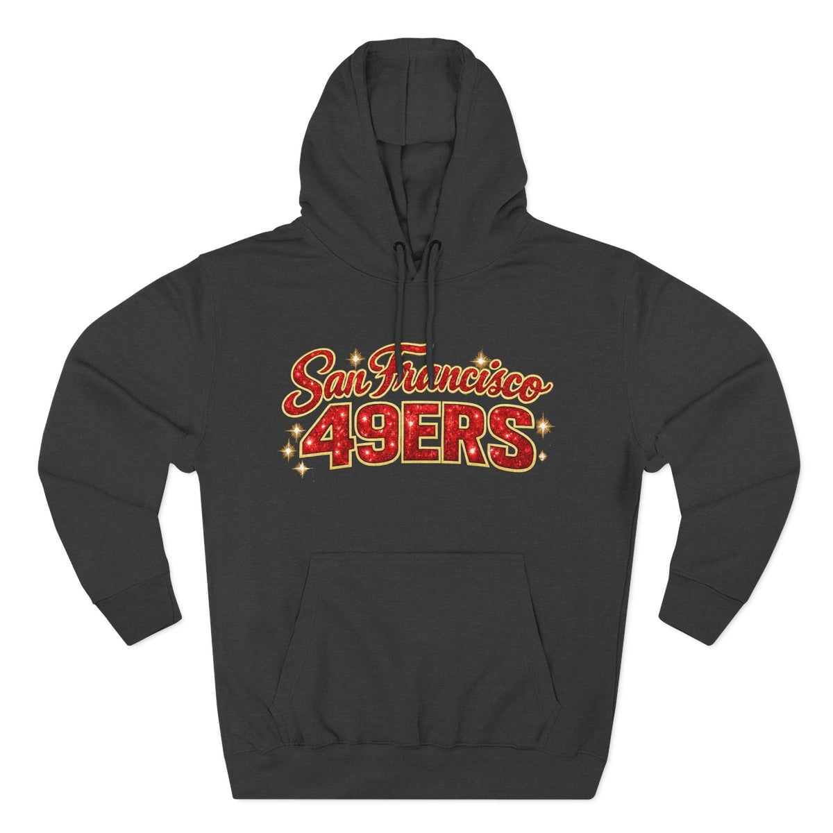 Throw it in the Bag San Francisco 49ers black fleece hoodie with red and gold glitter script logo and kangaroo pocket