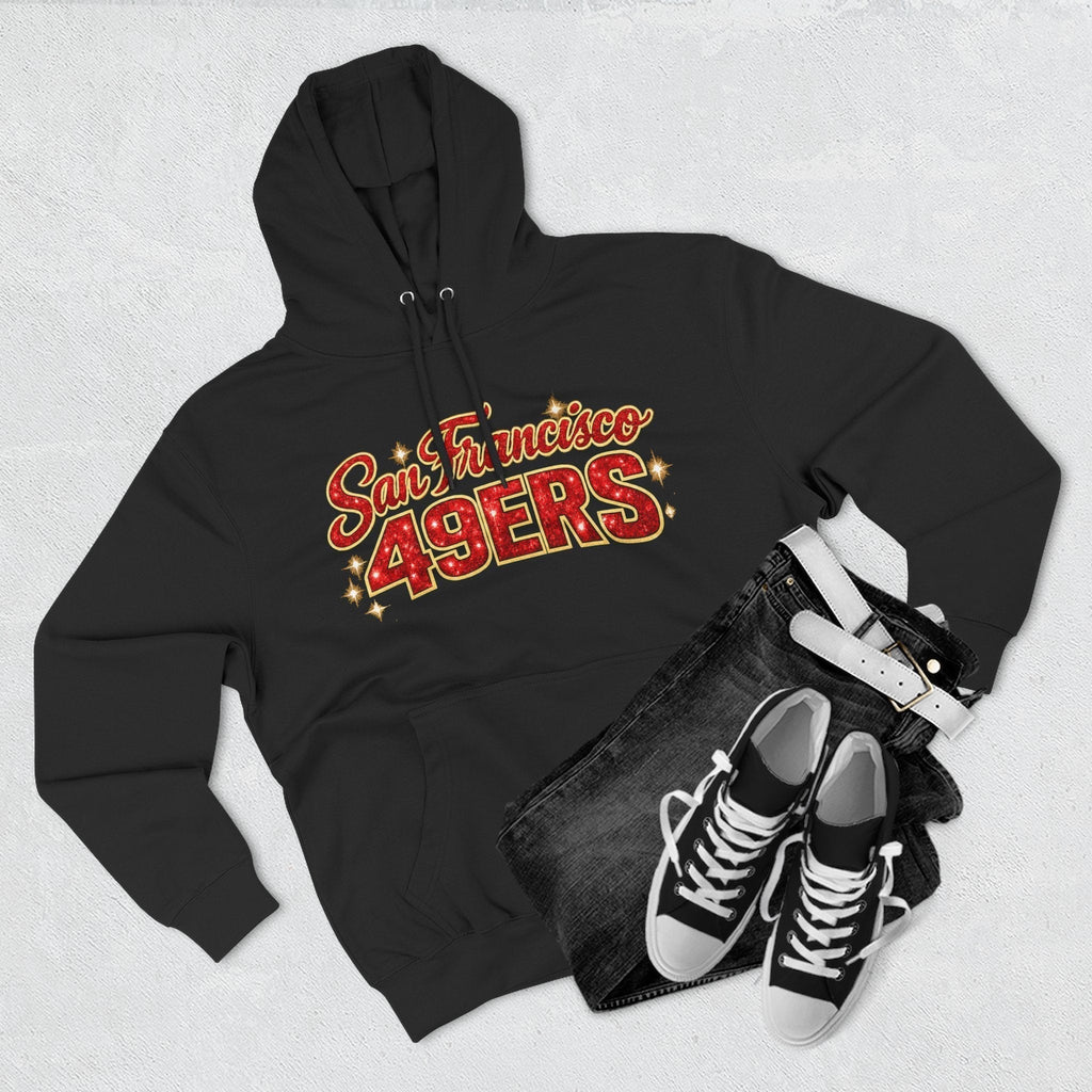 Throw it in the Bag San Francisco 49ers black fleece hoodie with red glitter script logo and matching sneakers