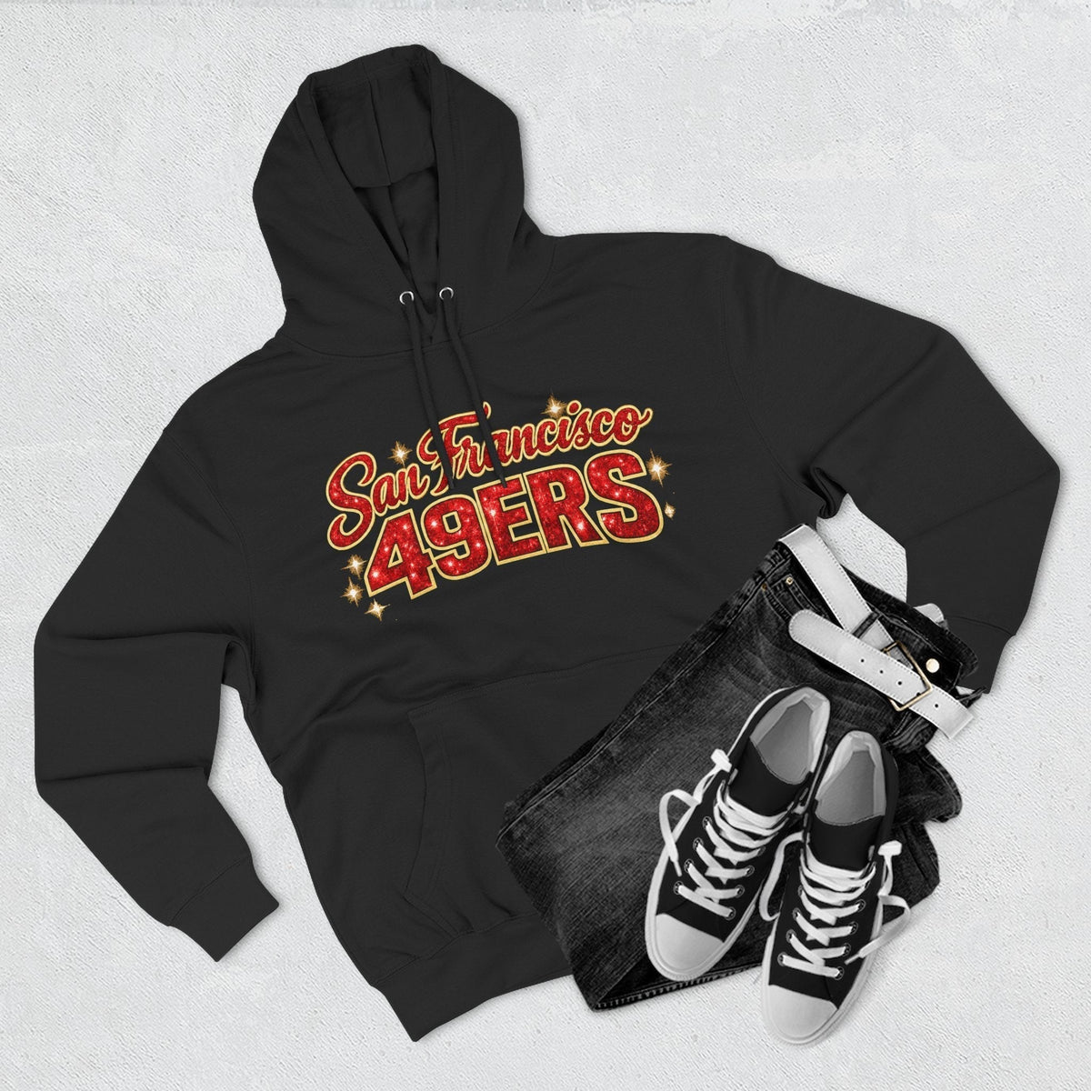 Throw it in the Bag San Francisco 49ers black fleece hoodie with red glitter script logo and matching sneakers